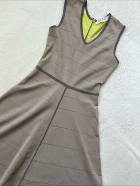 Yigal Azrouel Taupe Fit-and-Flare Dress with Neon Yellow Back